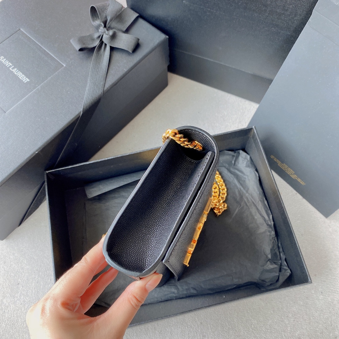 YSL KATE SMALL IN GRAIN DE POUDRE EMBOSSED LEATHER NAVY GOLD 7.8 X 4.9 X 1.9 INCHES - Image 5