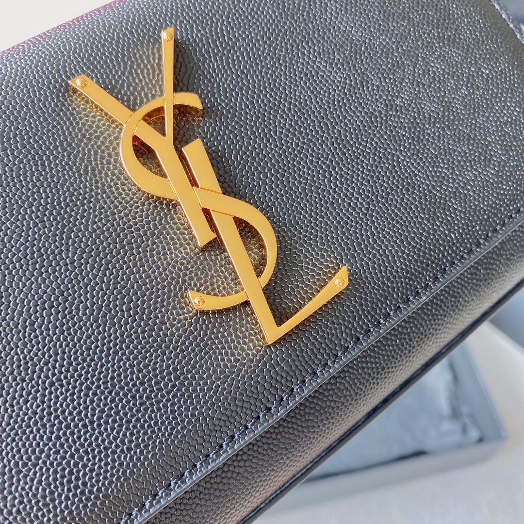 YSL KATE SMALL IN GRAIN DE POUDRE EMBOSSED LEATHER NAVY GOLD 7.8 X 4.9 X 1.9 INCHES - Image 7