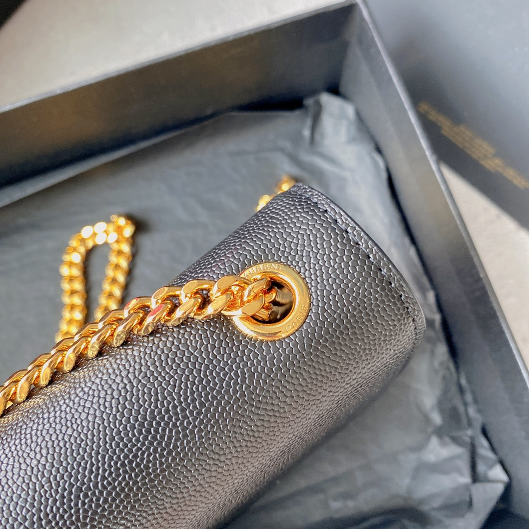 YSL KATE SMALL IN GRAIN DE POUDRE EMBOSSED LEATHER NAVY GOLD 7.8 X 4.9 X 1.9 INCHES - Image 9