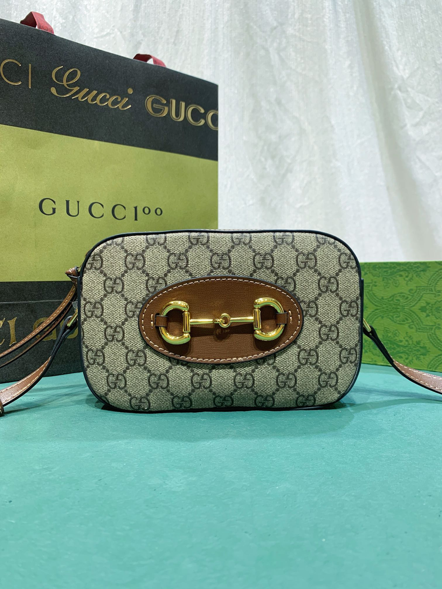 GUCCI HORSEBIT 1955 SMALL SHOULDER BAG Beige and ebony 7.9 x 5.1 x 2.4