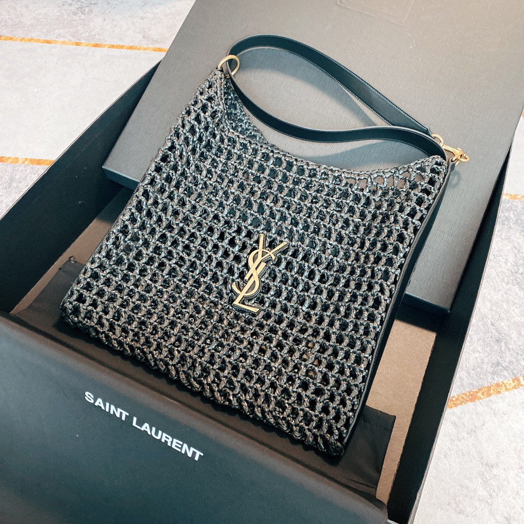 YSL OXALIS BAG IN RAFFIA MACRAM BLACK 14.6X 5.7X1.2INCHES