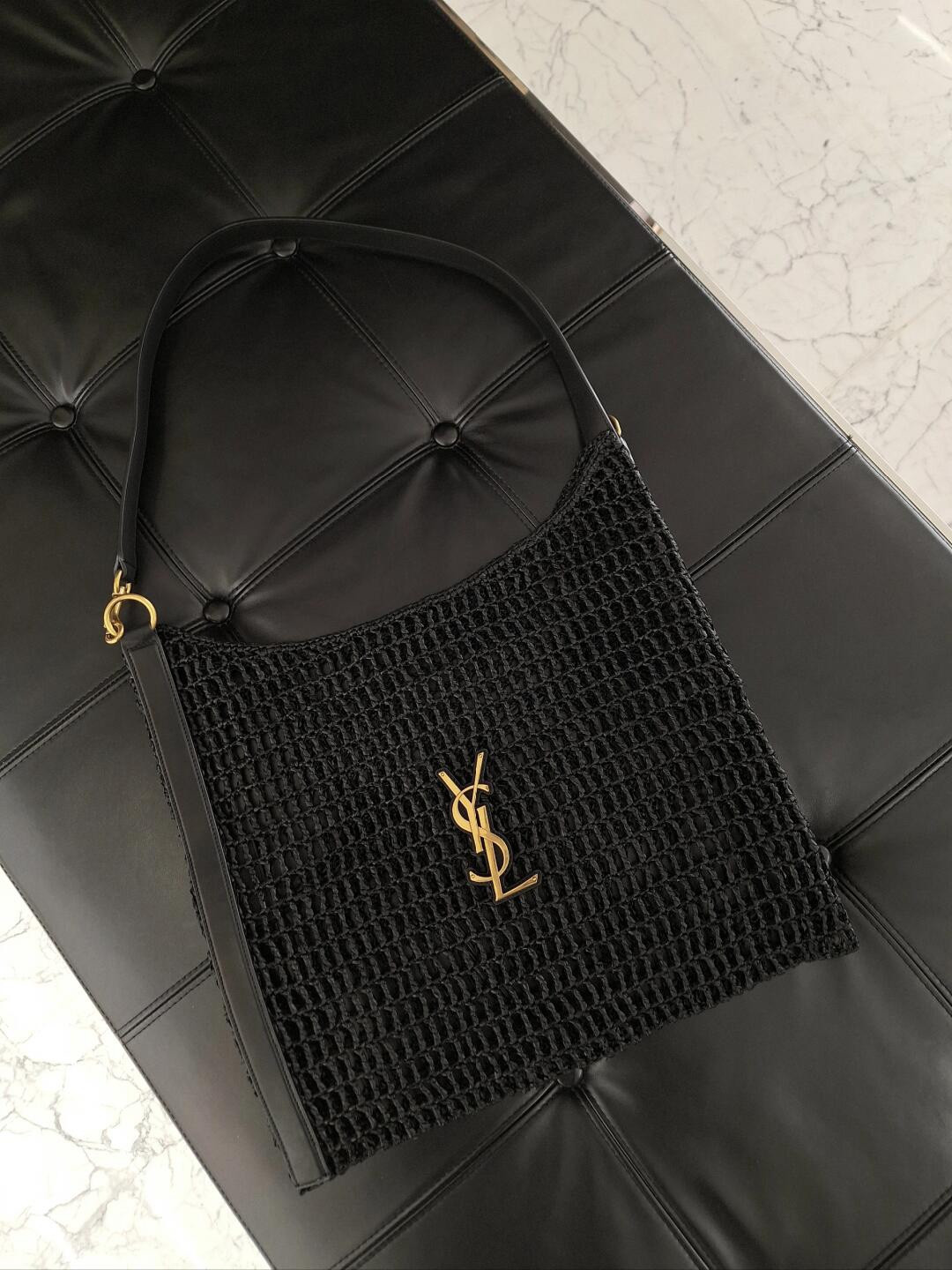 YSL OXALIS BAG IN RAFFIA MACRAM BLACK 14.6X 5.7X1.2INCHES - Image 8