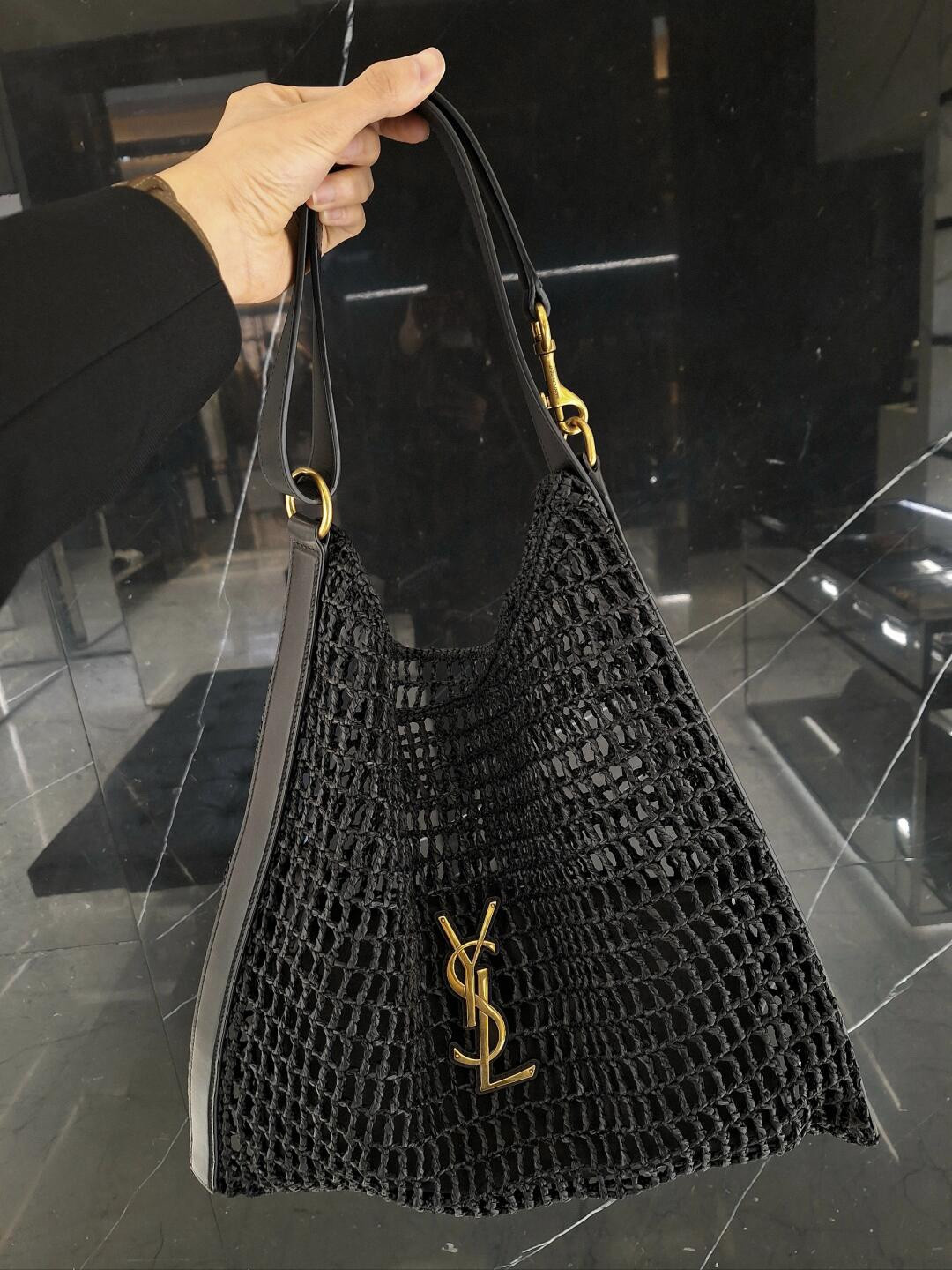 YSL OXALIS BAG IN RAFFIA MACRAM BLACK 14.6X 5.7X1.2INCHES - Image 9