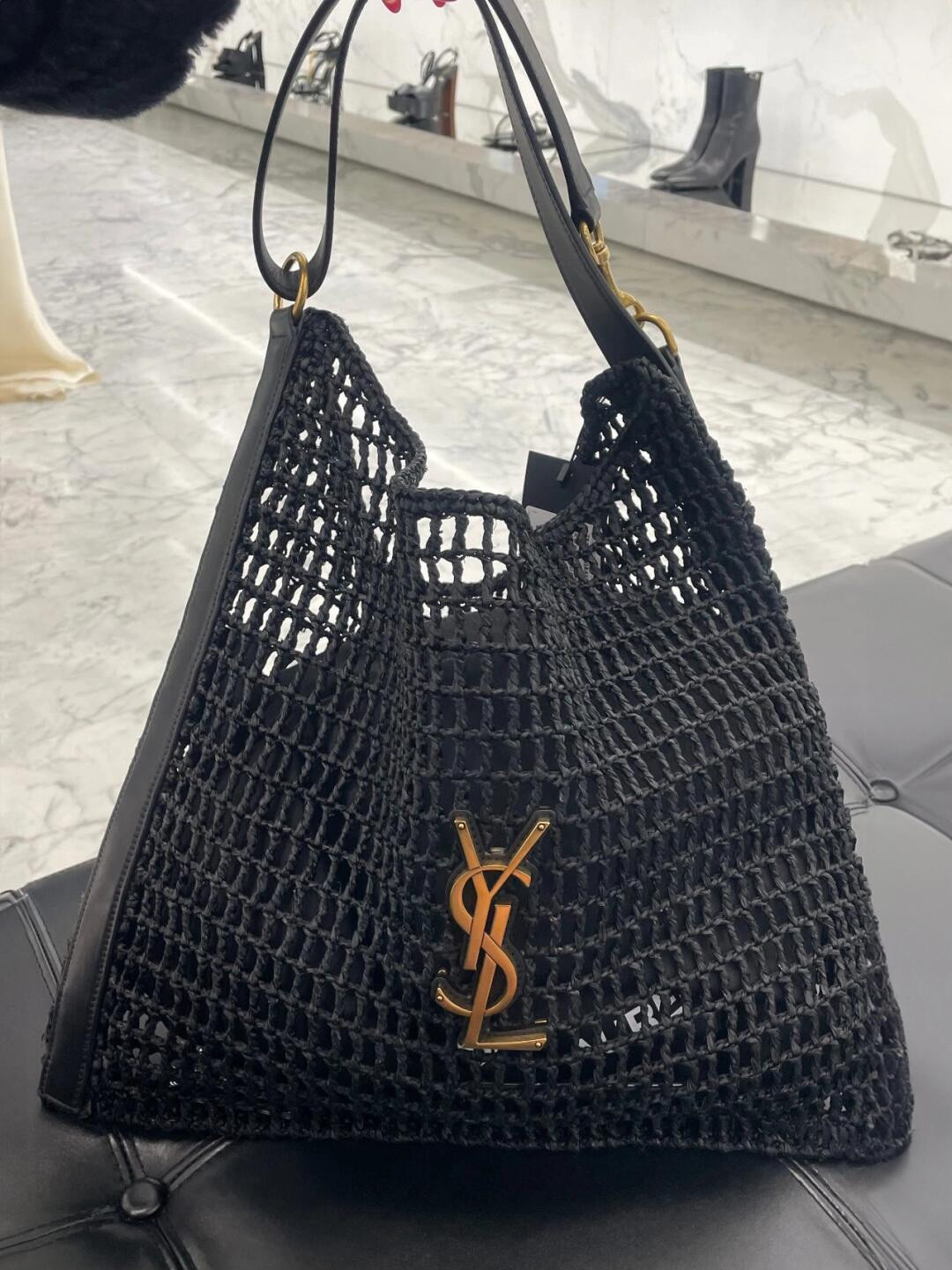 YSL OXALIS BAG IN RAFFIA MACRAM BLACK 14.6X 5.7X1.2INCHES - Image 10