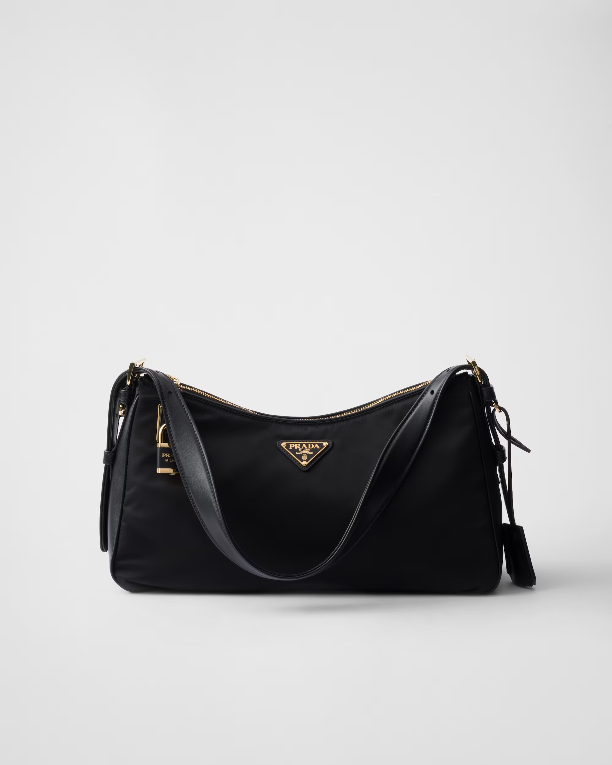 Prada Aim 1BC232 Large Recycled Nylon and Leather Shoulder Bag with Padlock