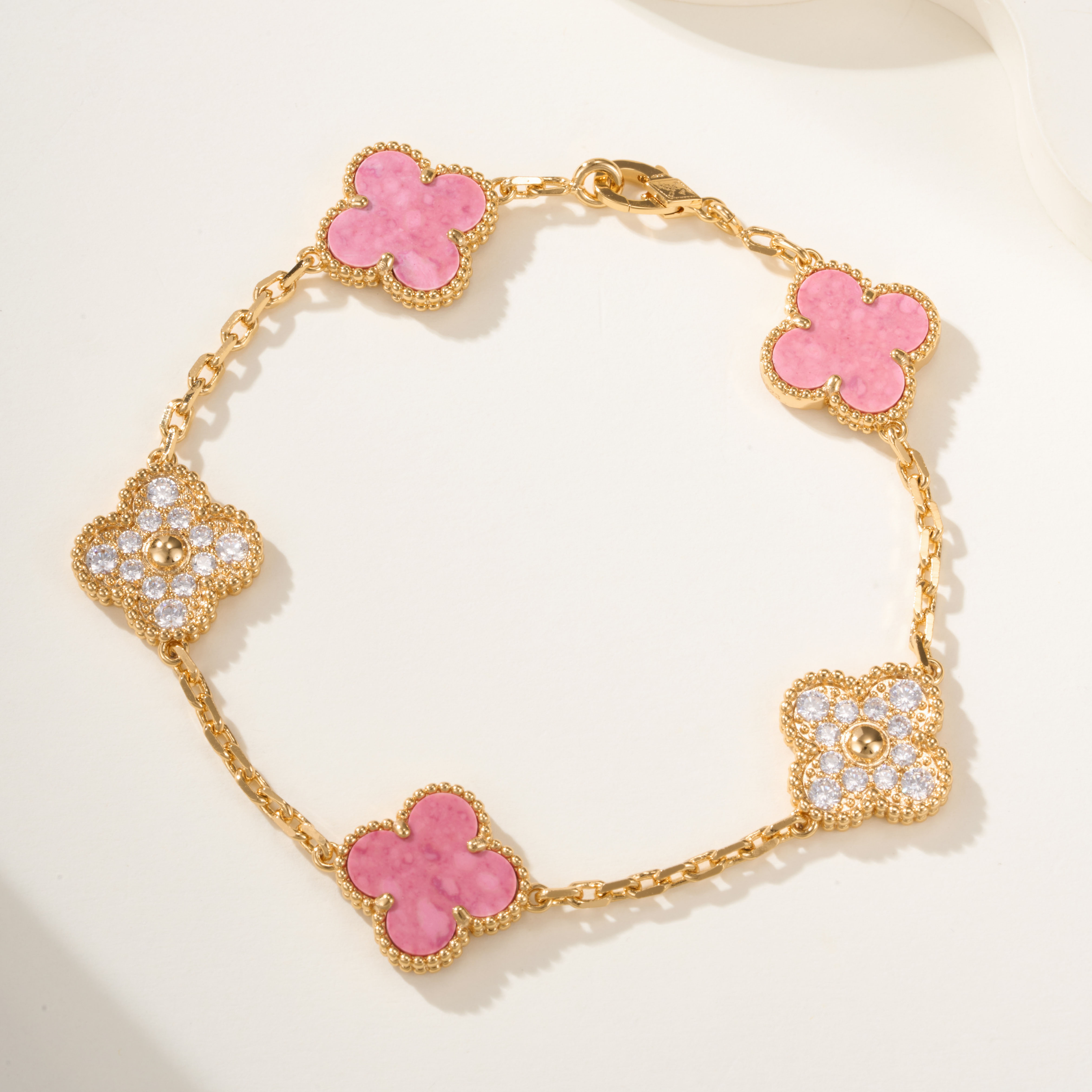 Van Cleef & Arpels Vintage Alhambra Rose Quartz Five-Motif Bracelet - SUPER-MIRROR