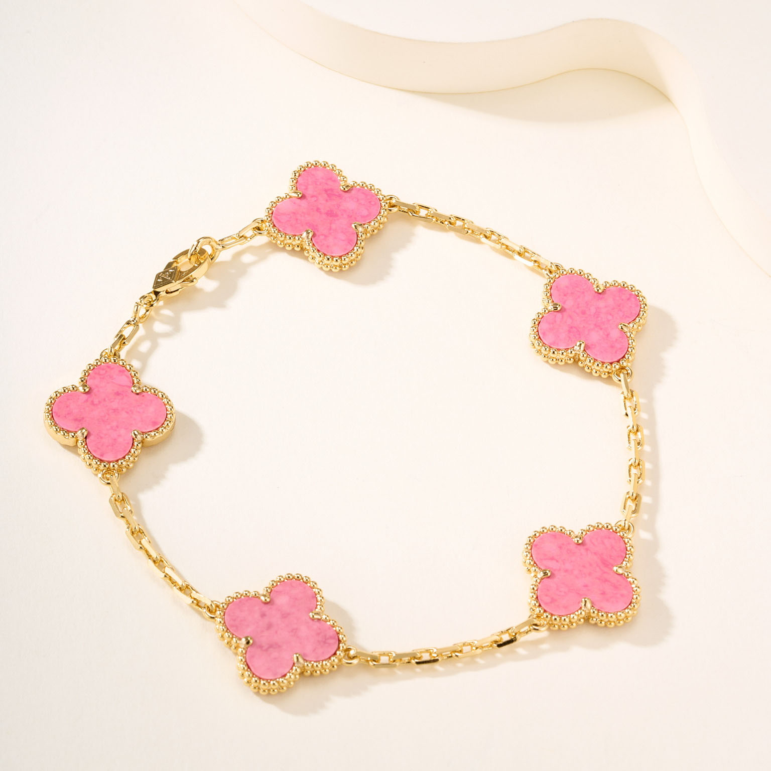 Van Cleef & Arpels Vintage Alhambra Rose Quartz Five-Motif Bracelet. - SUPER-MIRROR