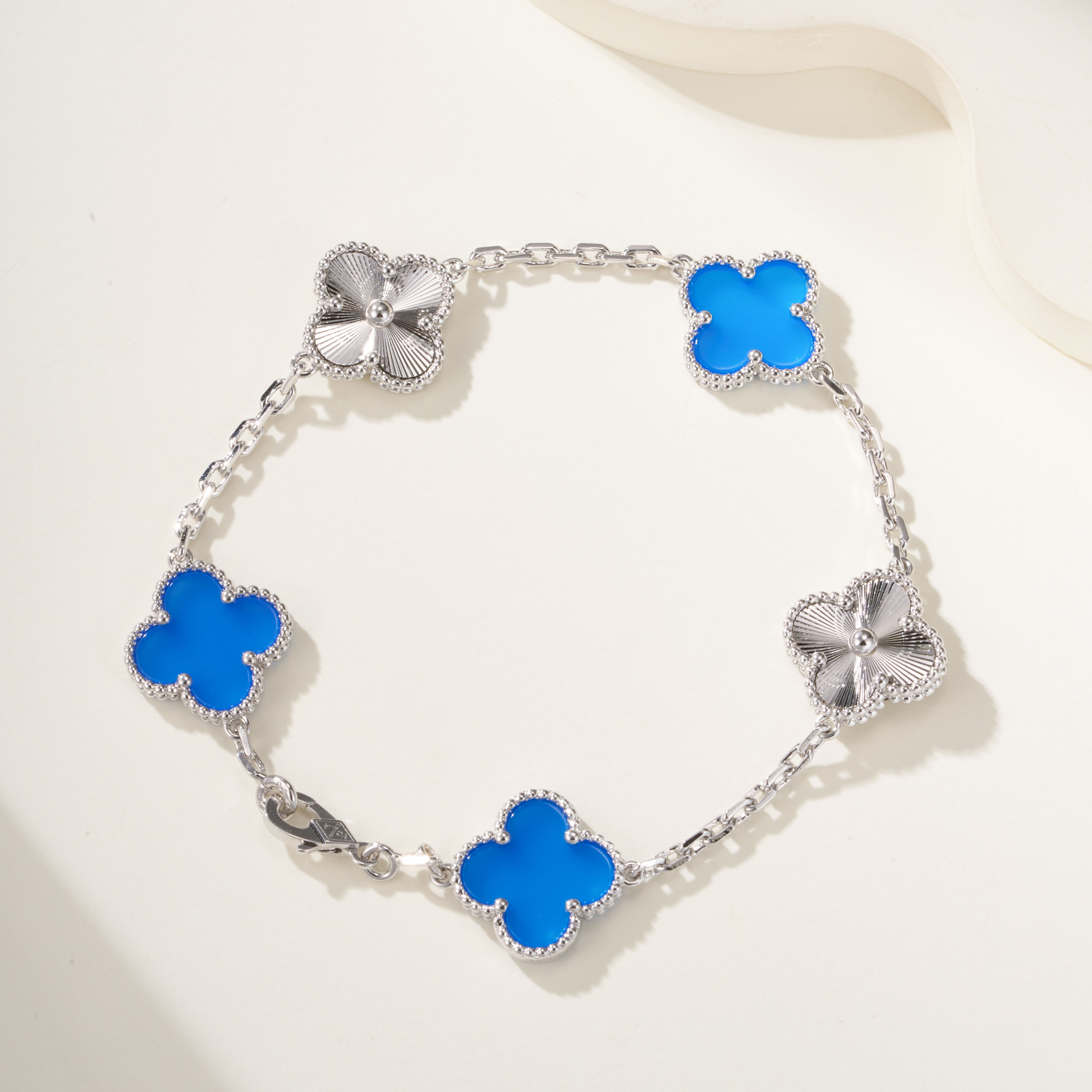 Van Cleef & Arpels Vintage Alhambra Blue Chalcedony Five-Motif Bracelet - SUPER-MIRROR