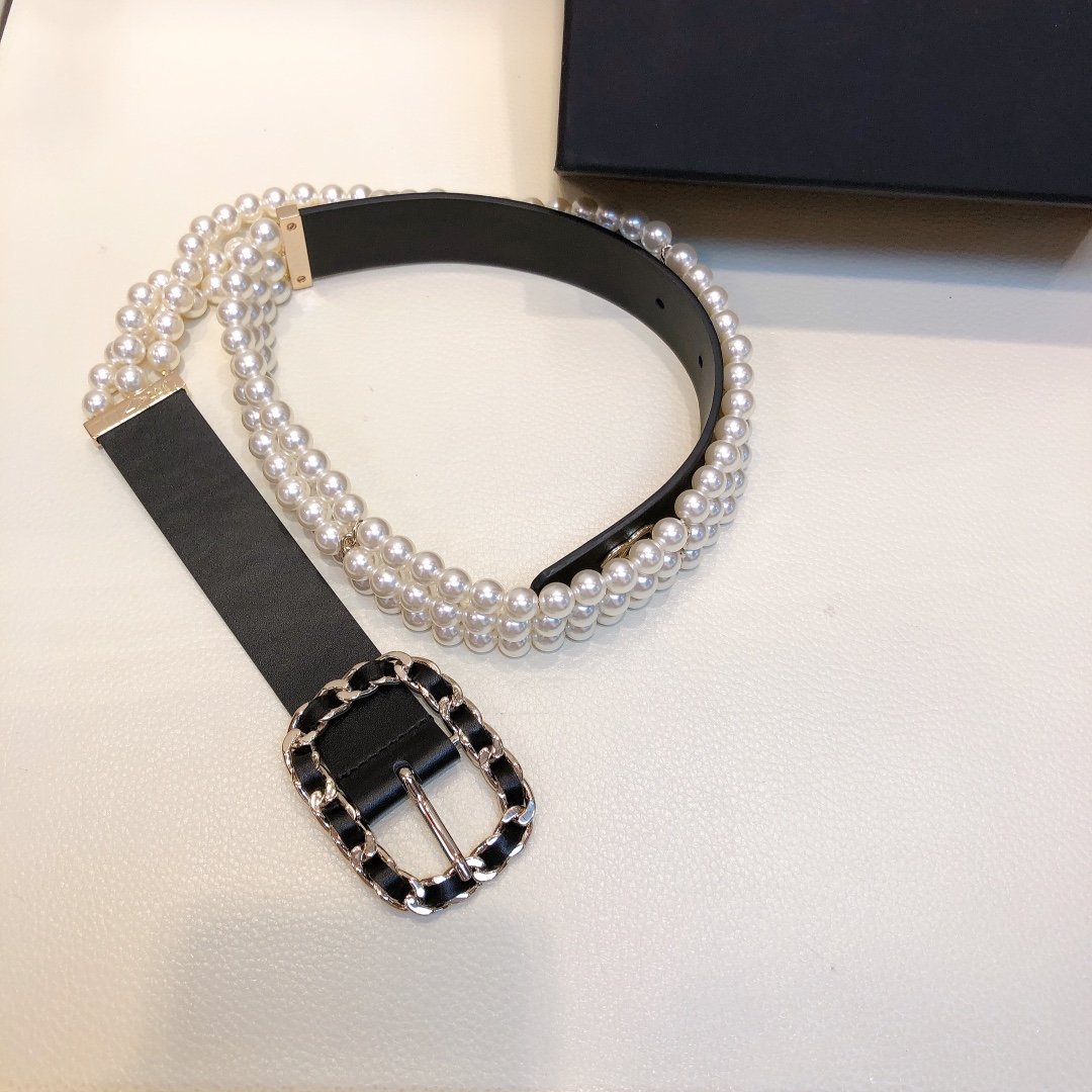 Chanel Belt In Black Imitation Pearls With Gold-Toned Square Metal and Strass Women Belt - Image 7