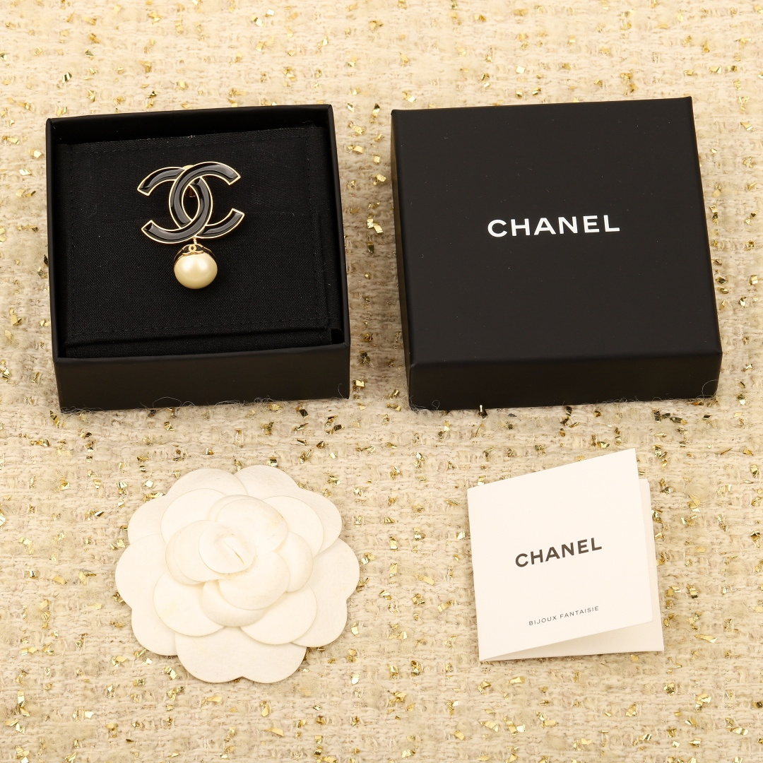 Chanel Vintage Collection Black Enamel Pearl-Drop Double C Brooches