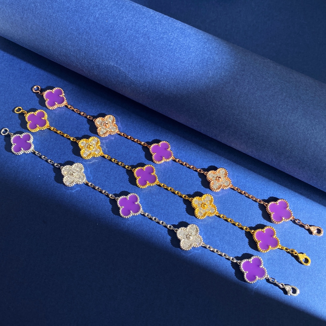 Van Cleef & Arpels Jewelry Bracelets  Full rhinestone four-leaf purple chalcedony five-flower bracelet - SUPER-MIRROR