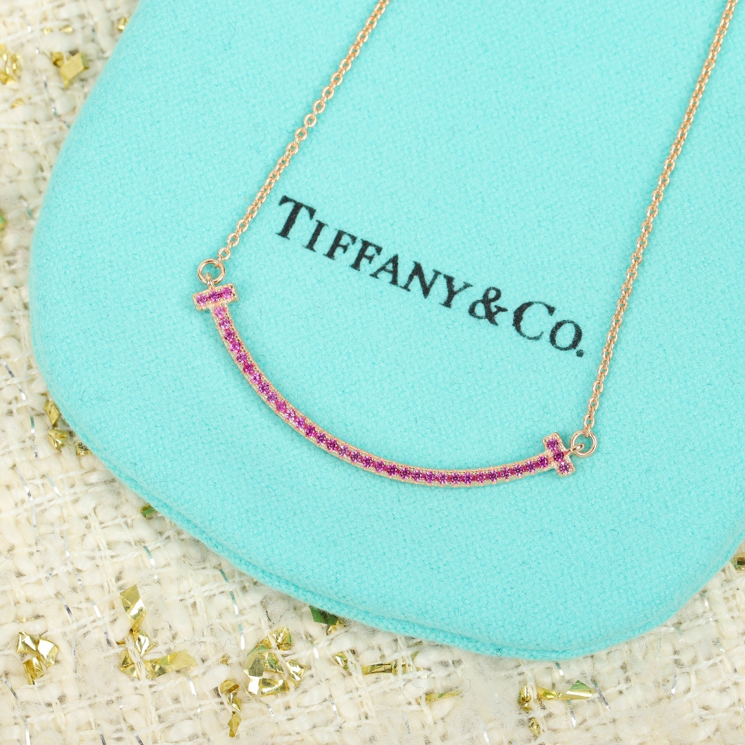 Tiffany T Smile Collection Pink Smile Diamond Necklace. - SUPER-MIRROR