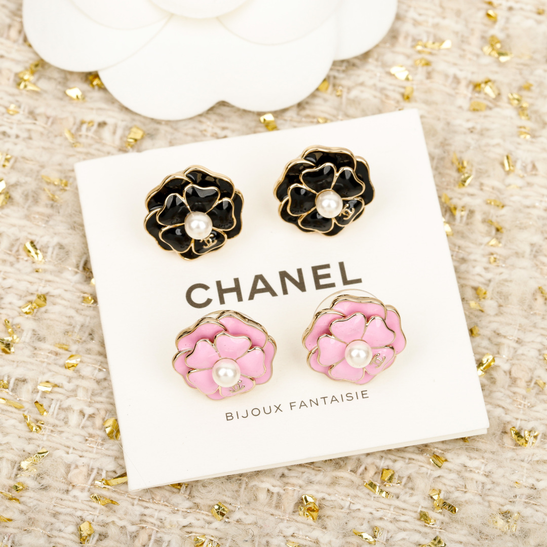 Chanel Black/Pink Camellia Double C Stud Earrings.