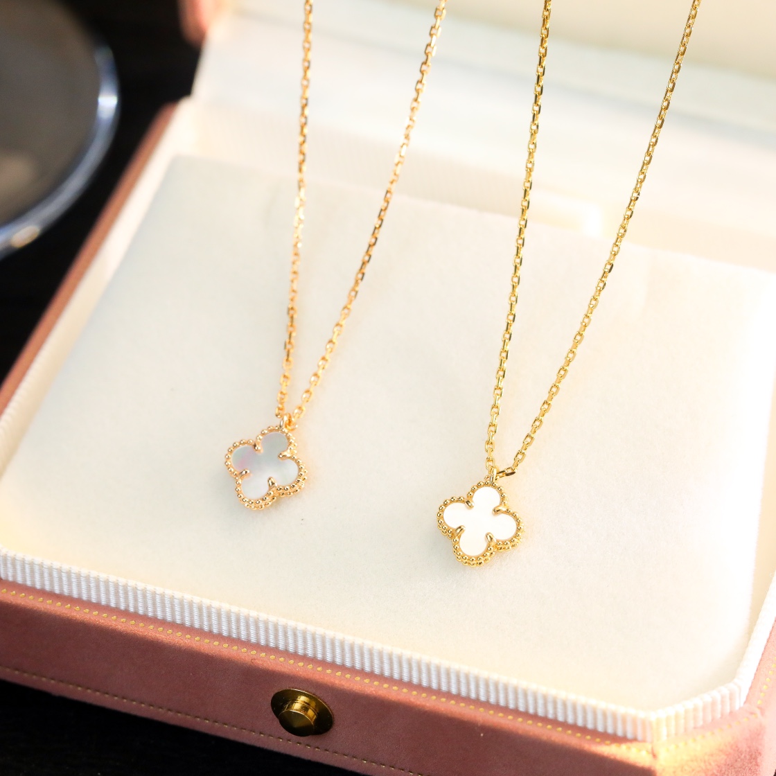 Van Cleef & Arpels Mini White Mother-of-Pearl Four-Leaf Clover Necklace - SUPER-MIRROR