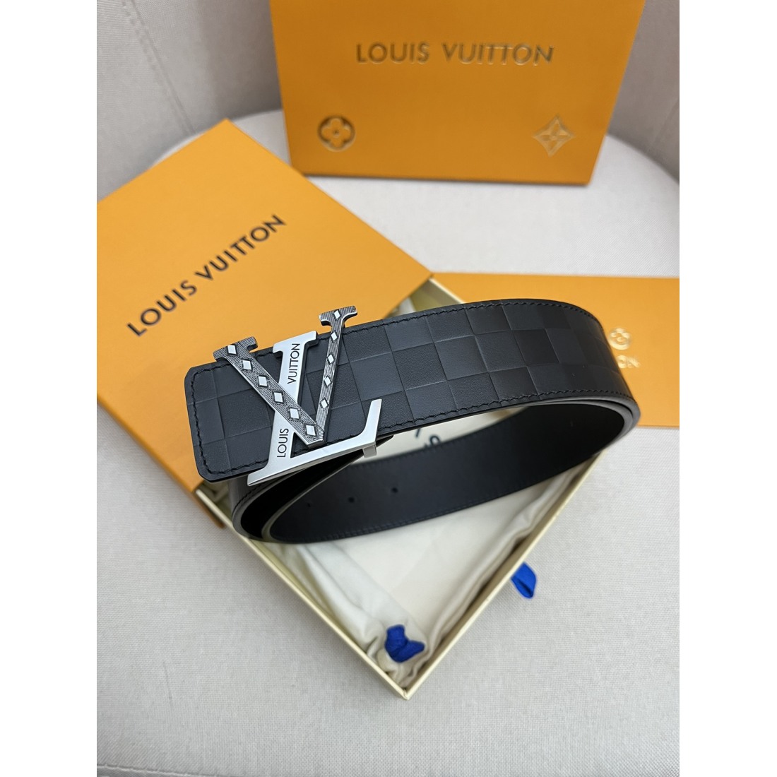 Lv Plaid Calfskin Pure Steel Men's Belt - Ultra-Collection