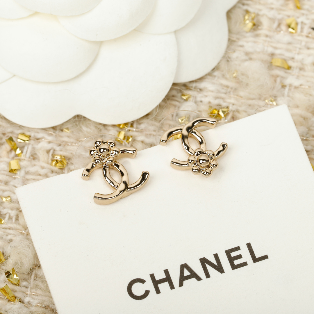 Chanel Double C Camellia Stud Earrings.