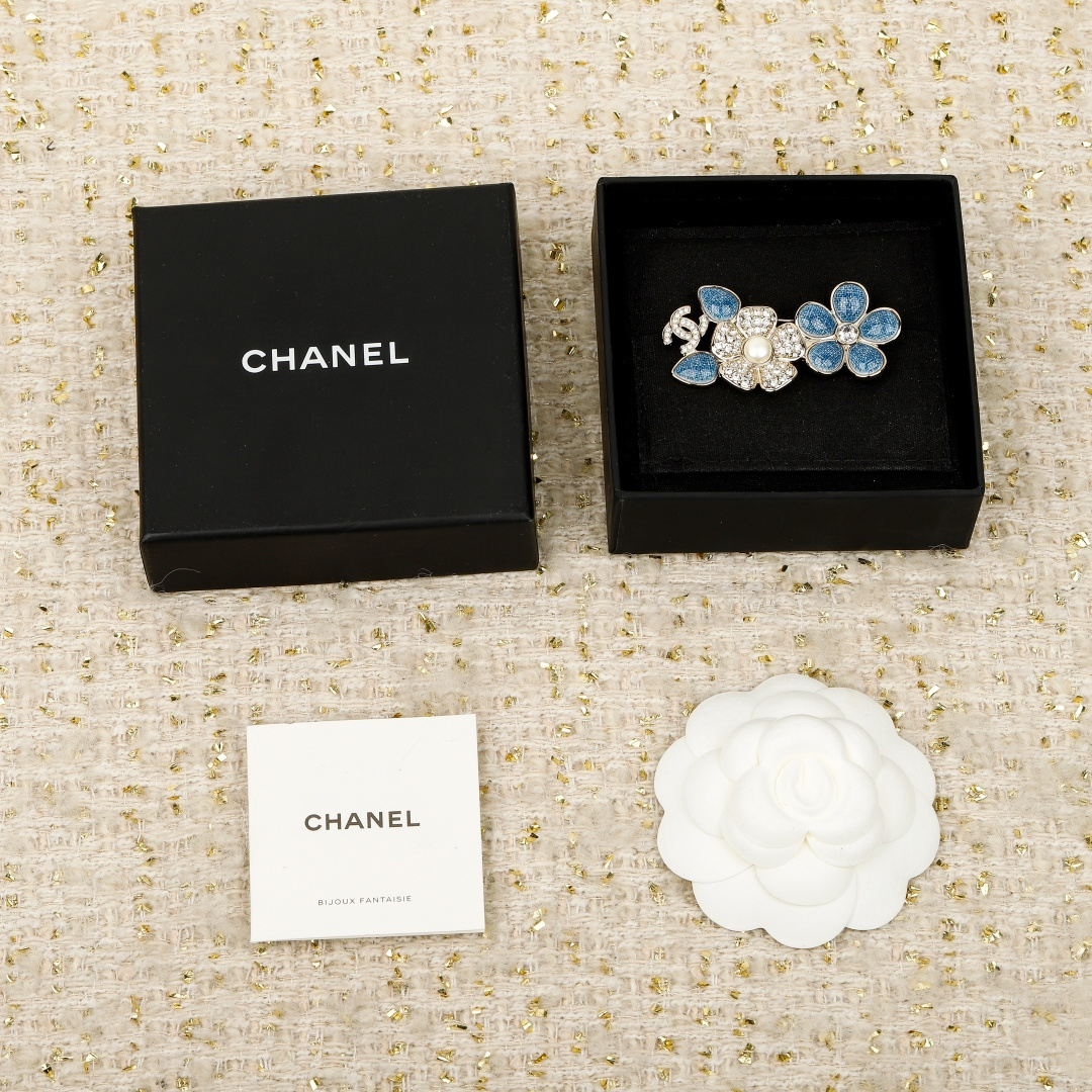 Chanel Blue Denim Camellia Brooches