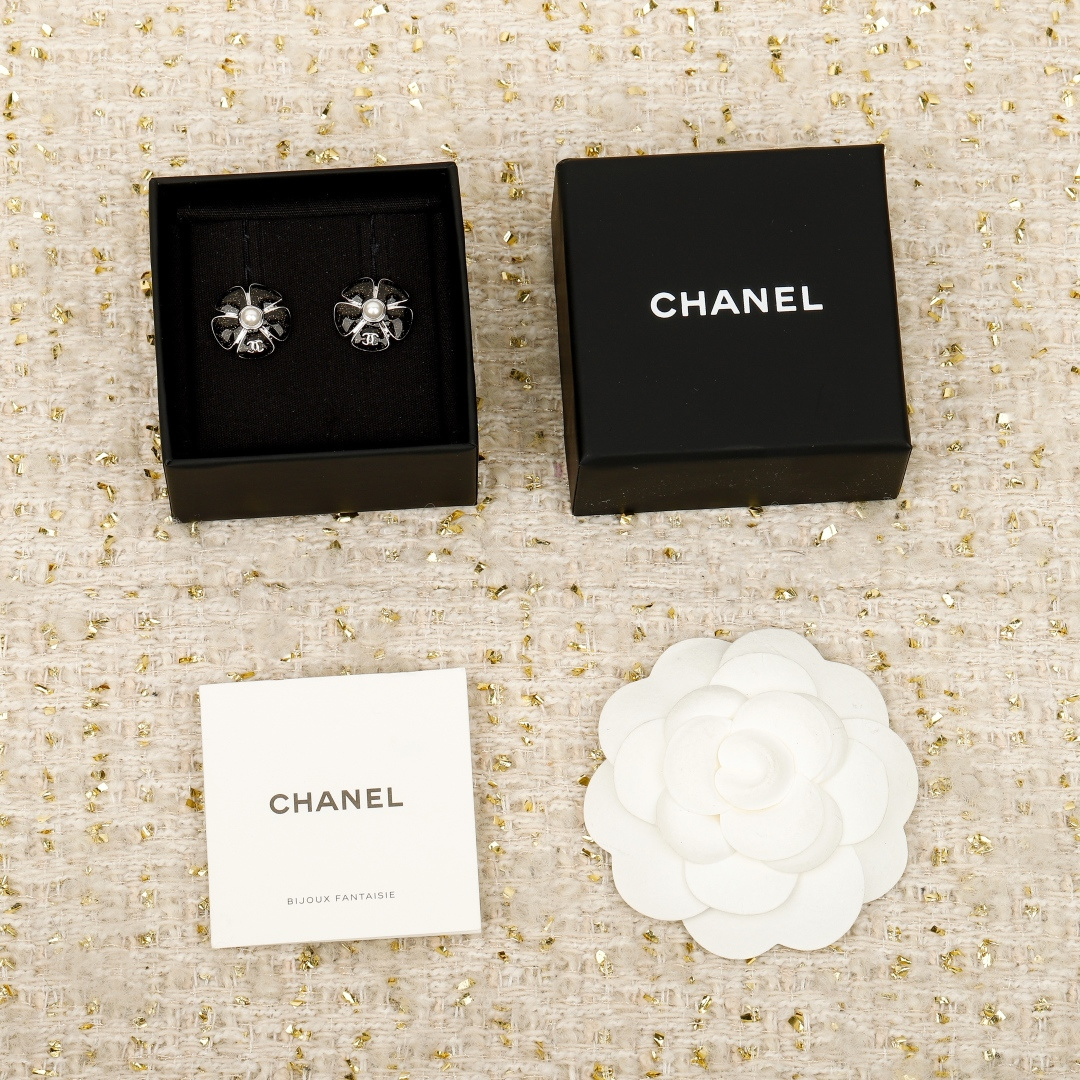 Chanel Black Enamel Camellia Stud Earrings