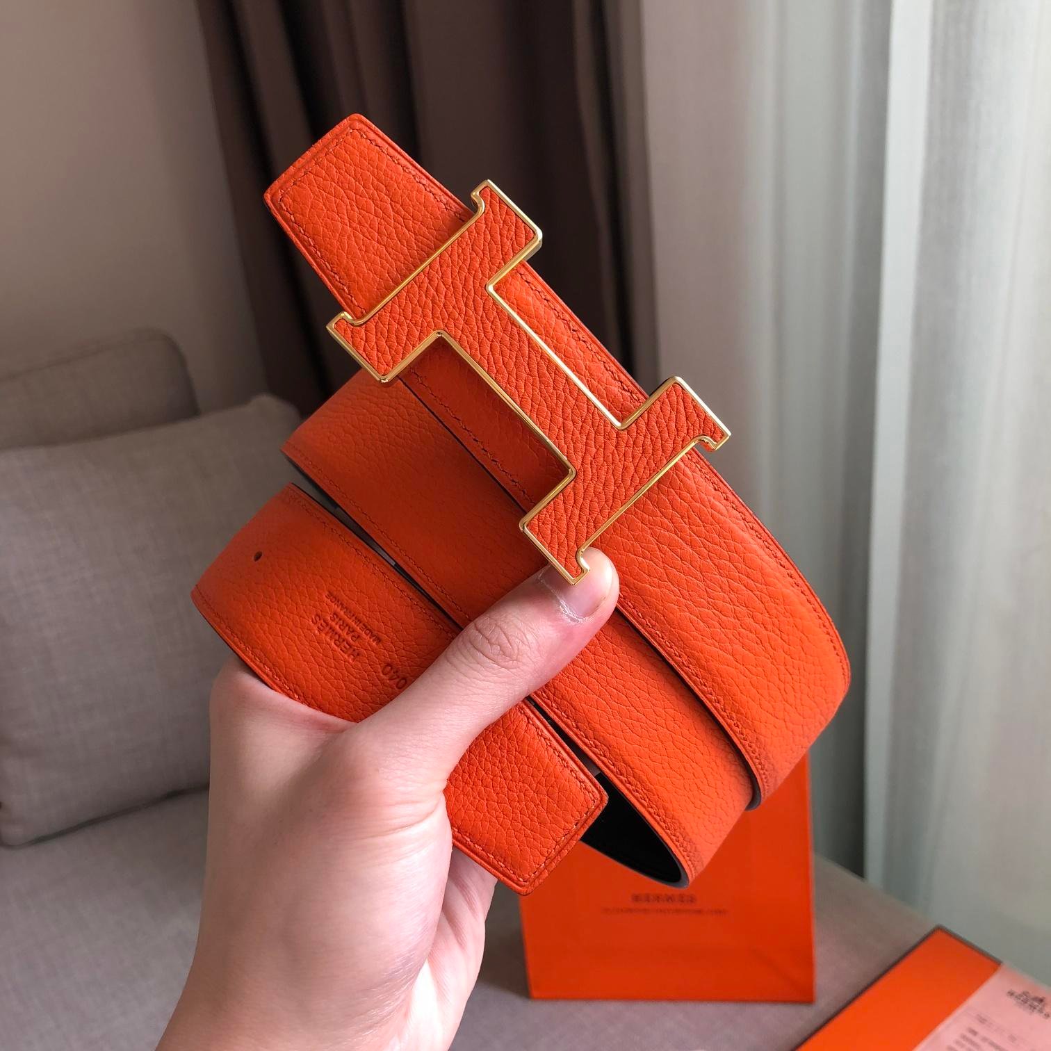 Hermes H Guillochee Belt Buckle Reversible Strap Orange For Women, Women Belt - Image 3