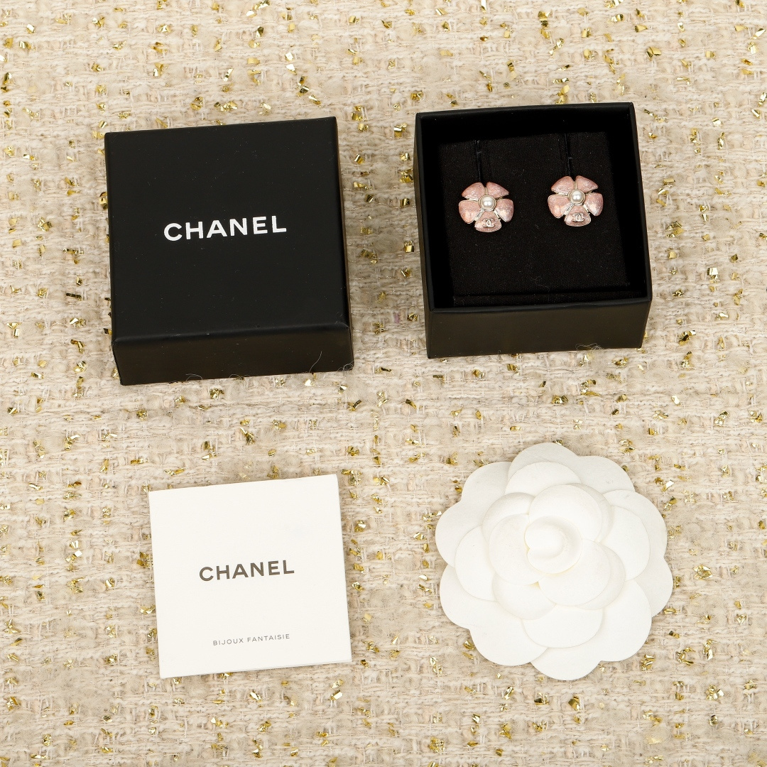 Chanel Pink Enamel Camellia Stud Earrings