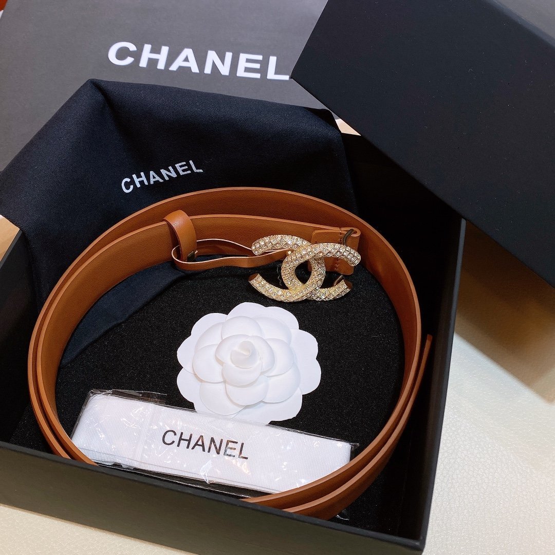 Chanel Brown Belt With Double C Buckle Gold-Toned and Strass Metal Women Belt - Image 4