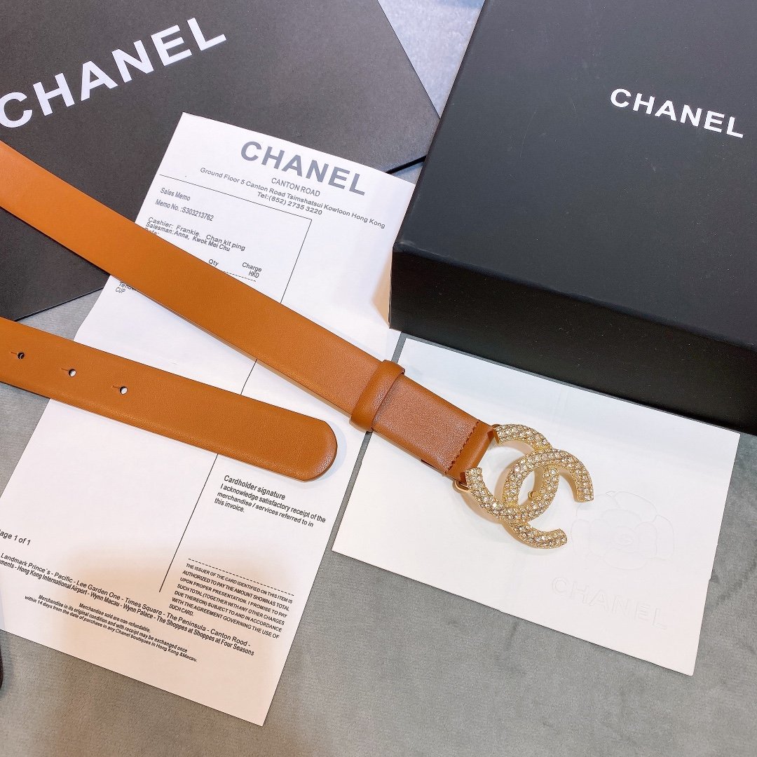 Chanel Brown Belt With Double C Buckle Gold-Toned and Strass Metal Women Belt - Image 3