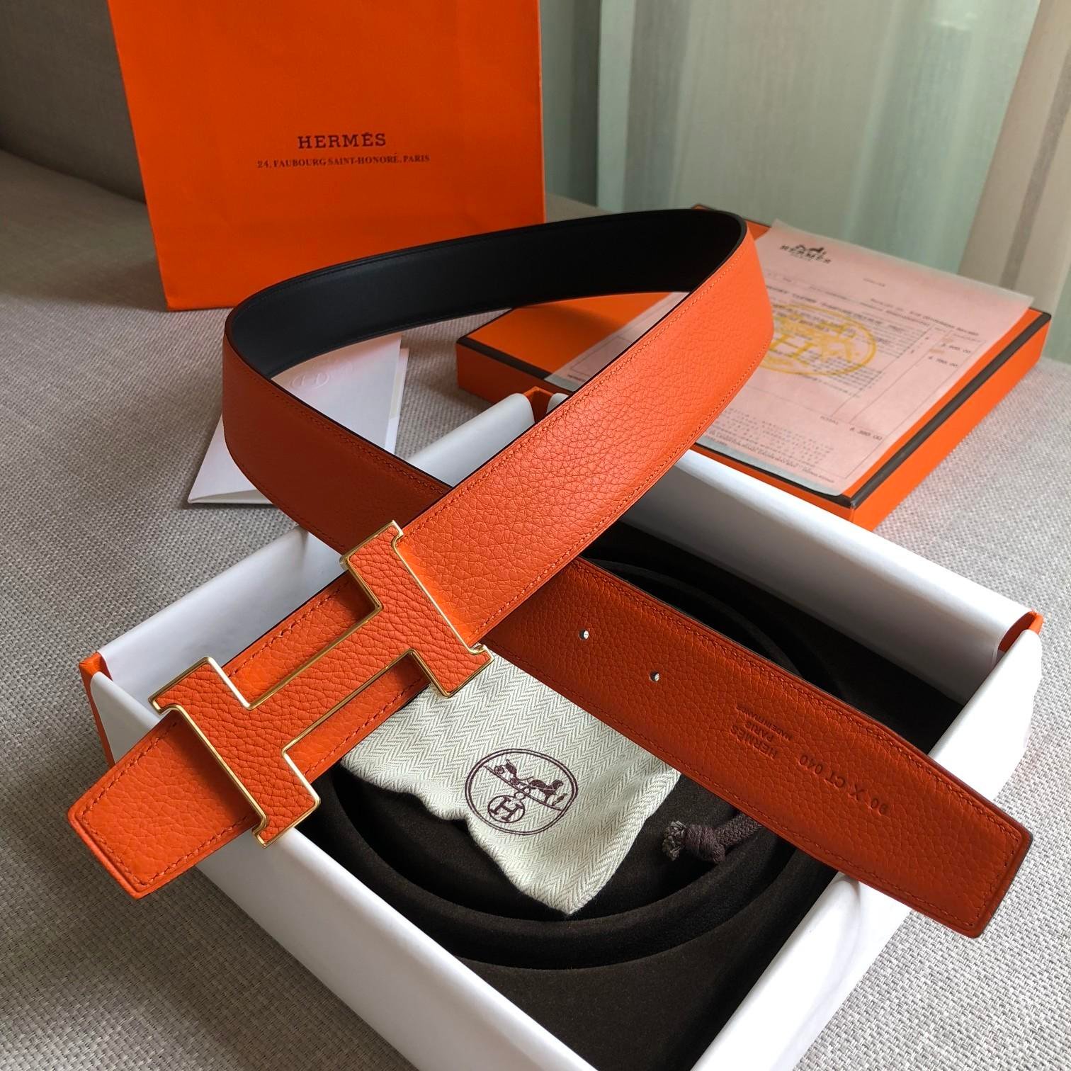Hermes H Guillochee Belt Buckle Reversible Strap Orange For Women, Women Belt