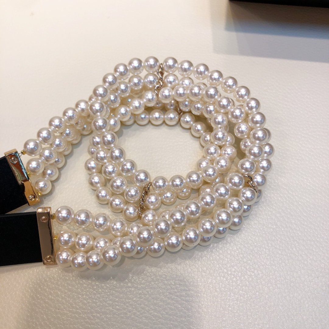 Chanel Belt In Black Imitation Pearls With Gold-Toned Square Metal and Strass Women Belt - Image 6
