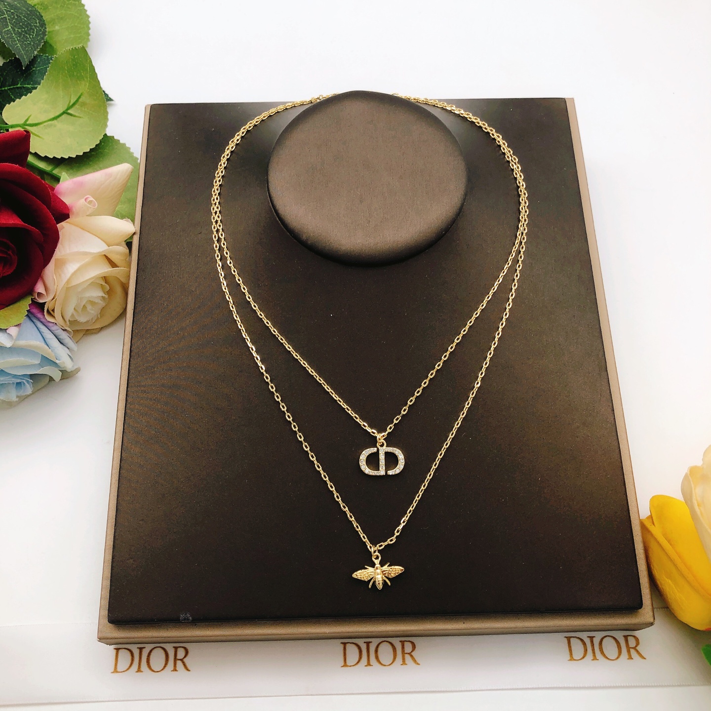 Dior Jewelry Necklace Golden full diamond CD bee pendant double necklace - PONI