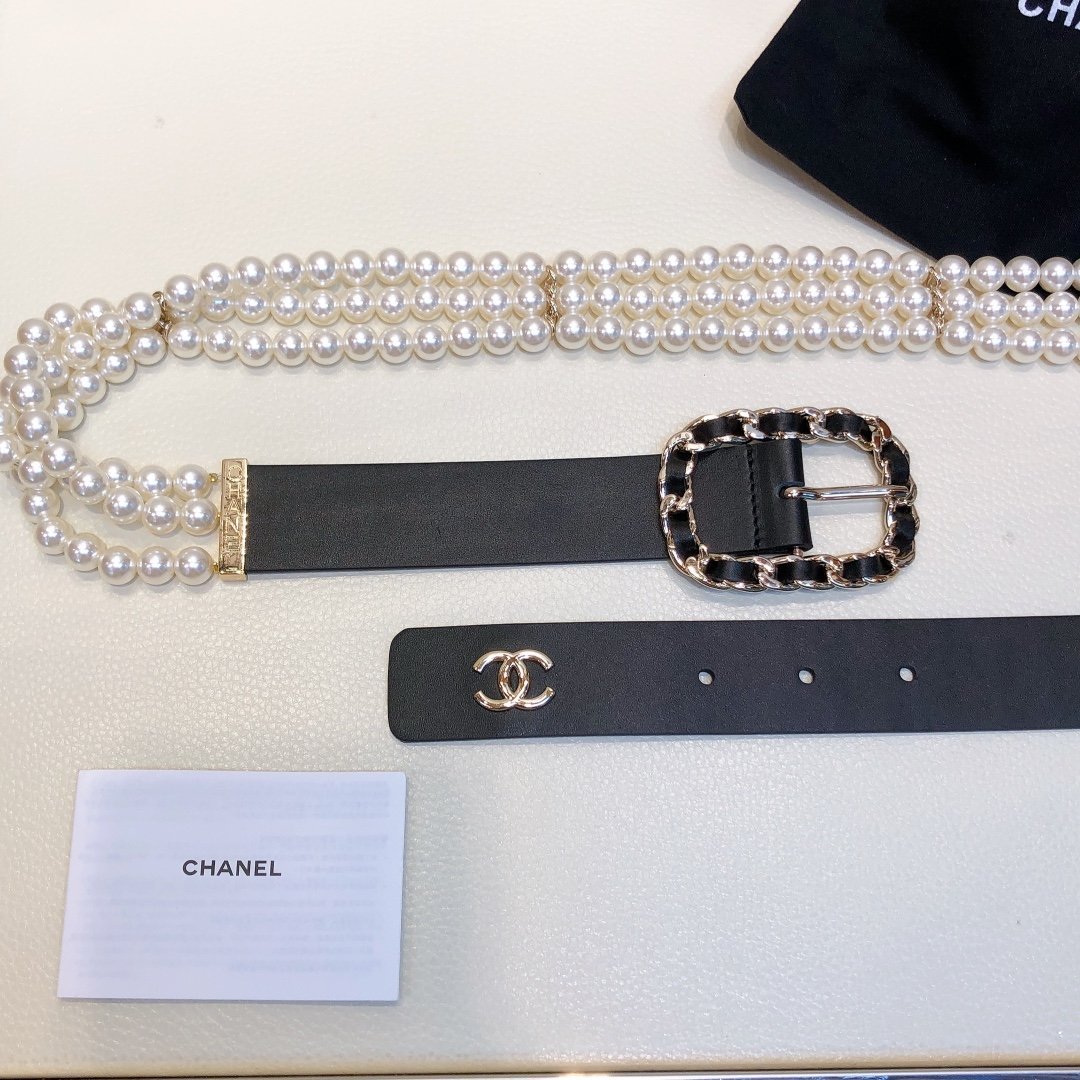 Chanel Belt In Black Imitation Pearls With Gold-Toned Square Metal and Strass Women Belt - Image 5