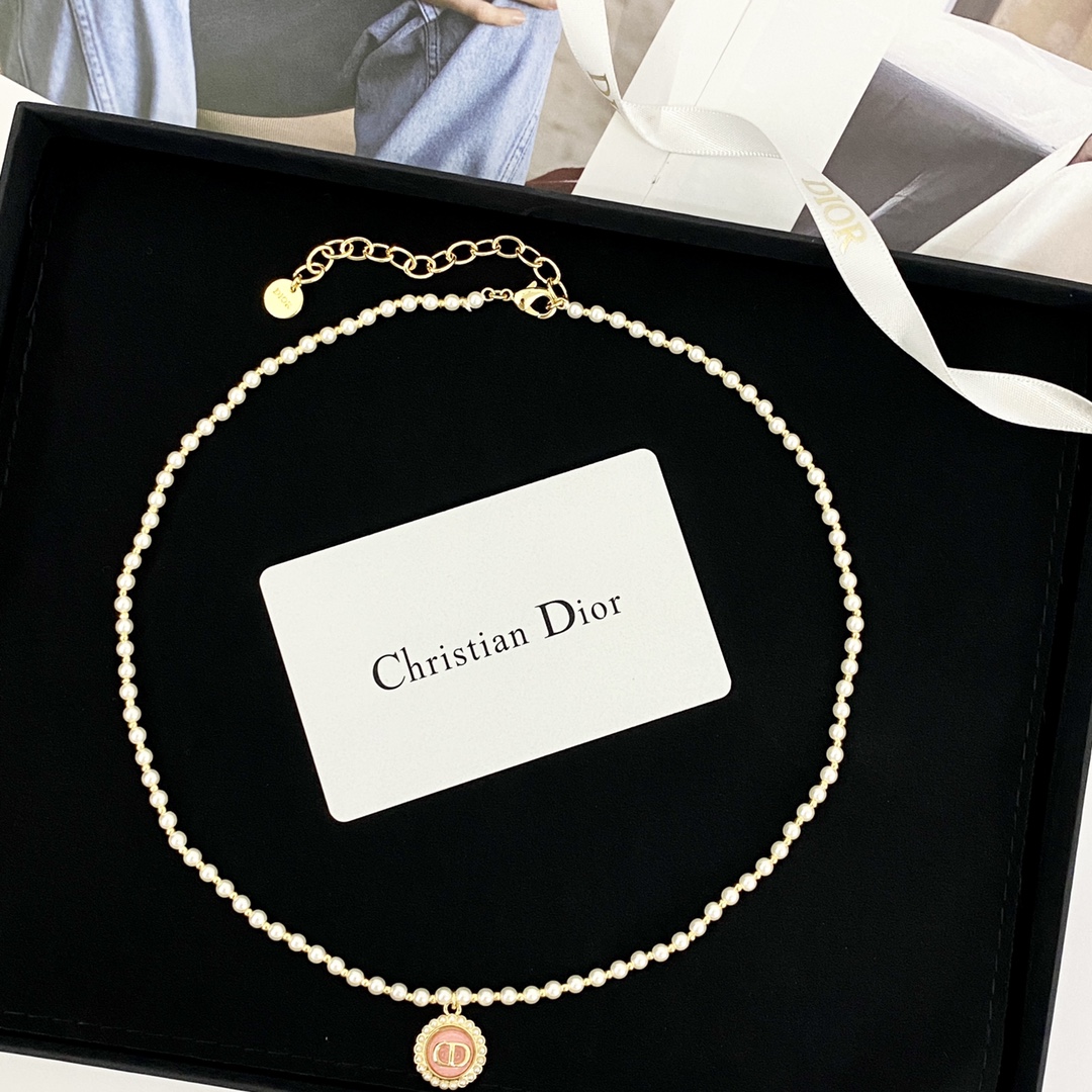 Dior Jewelry Necklace Lce Crystal Powder Round Button Pearl Necklace - PONI