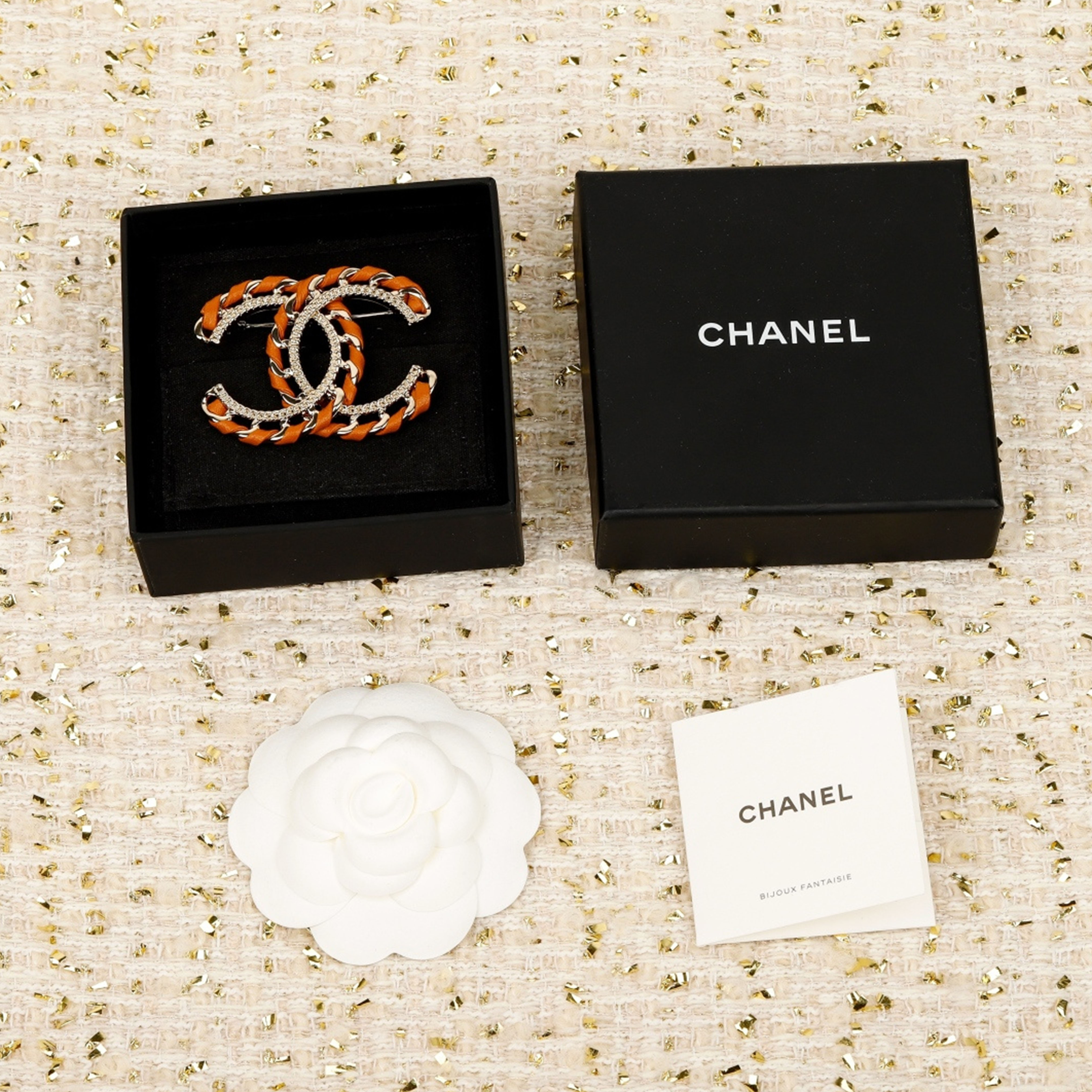 Chanel Black Leather Double C Brooches