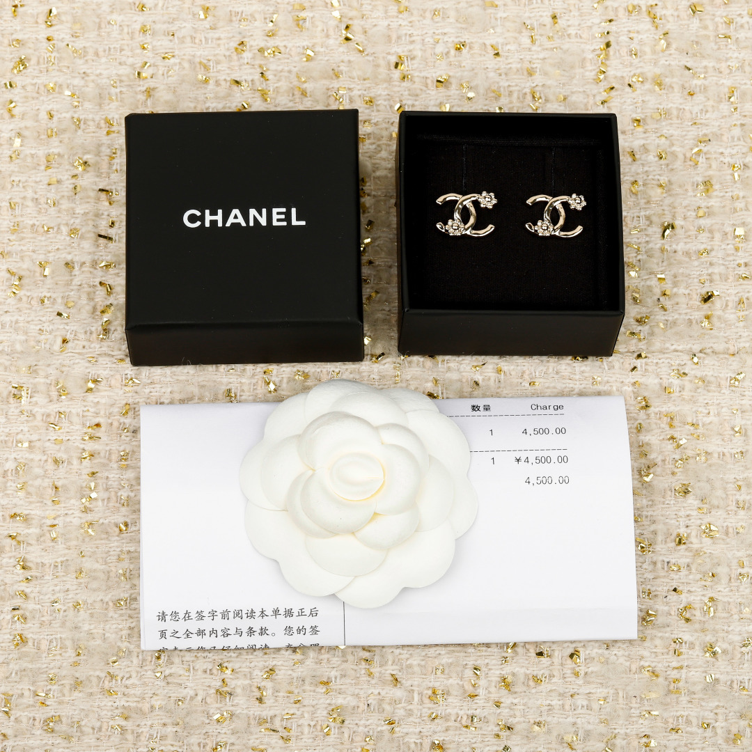 Chanel Camellia Double C Stud Earrings