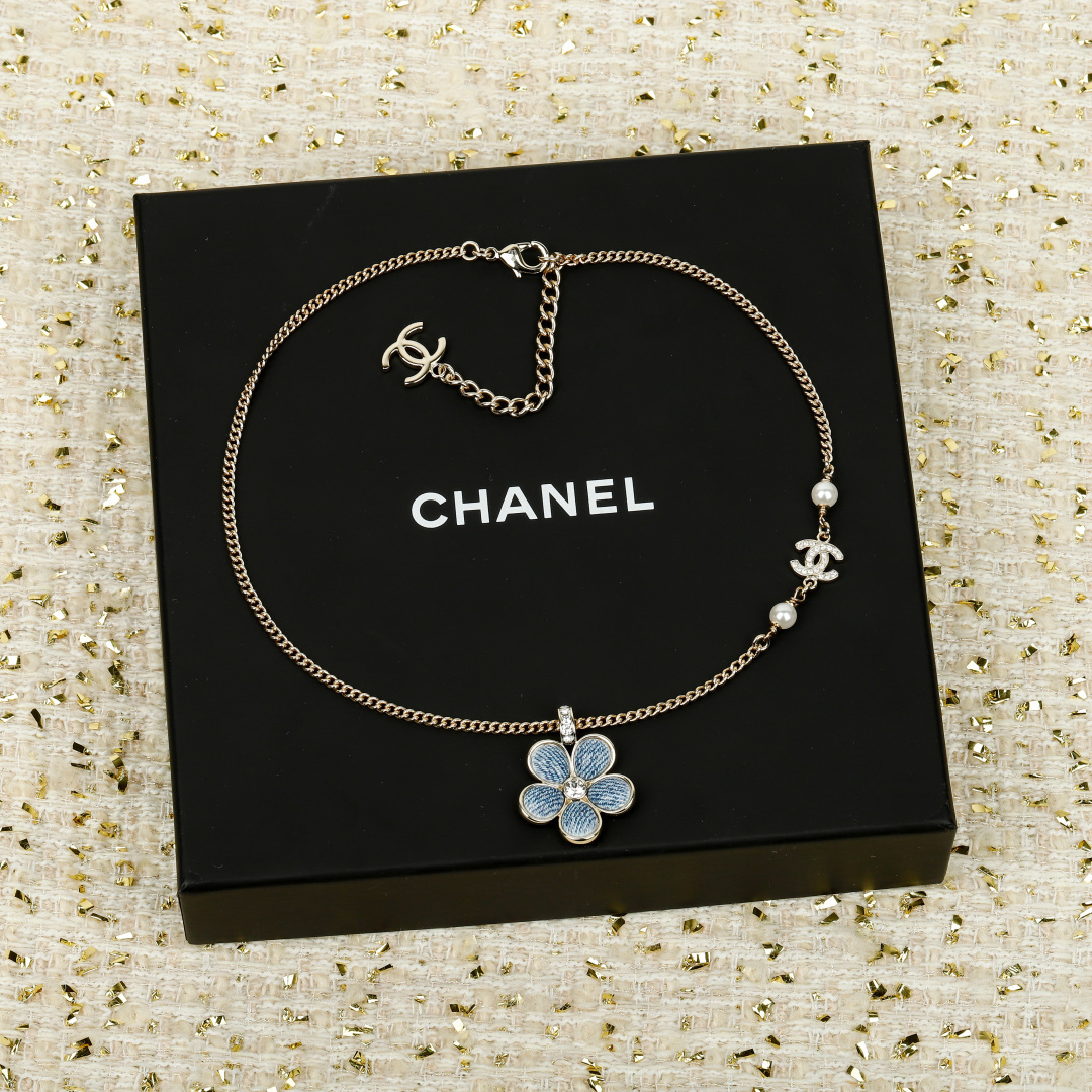 Chanel Denim-Inspired Floral Double C Necklace
