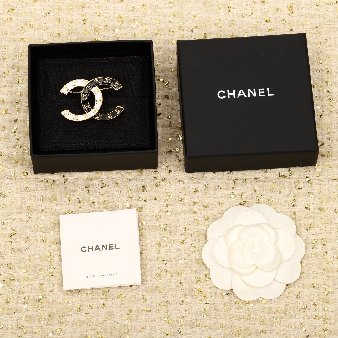 Chanel Black & White Drip-Enamel Classic Double C Brooches