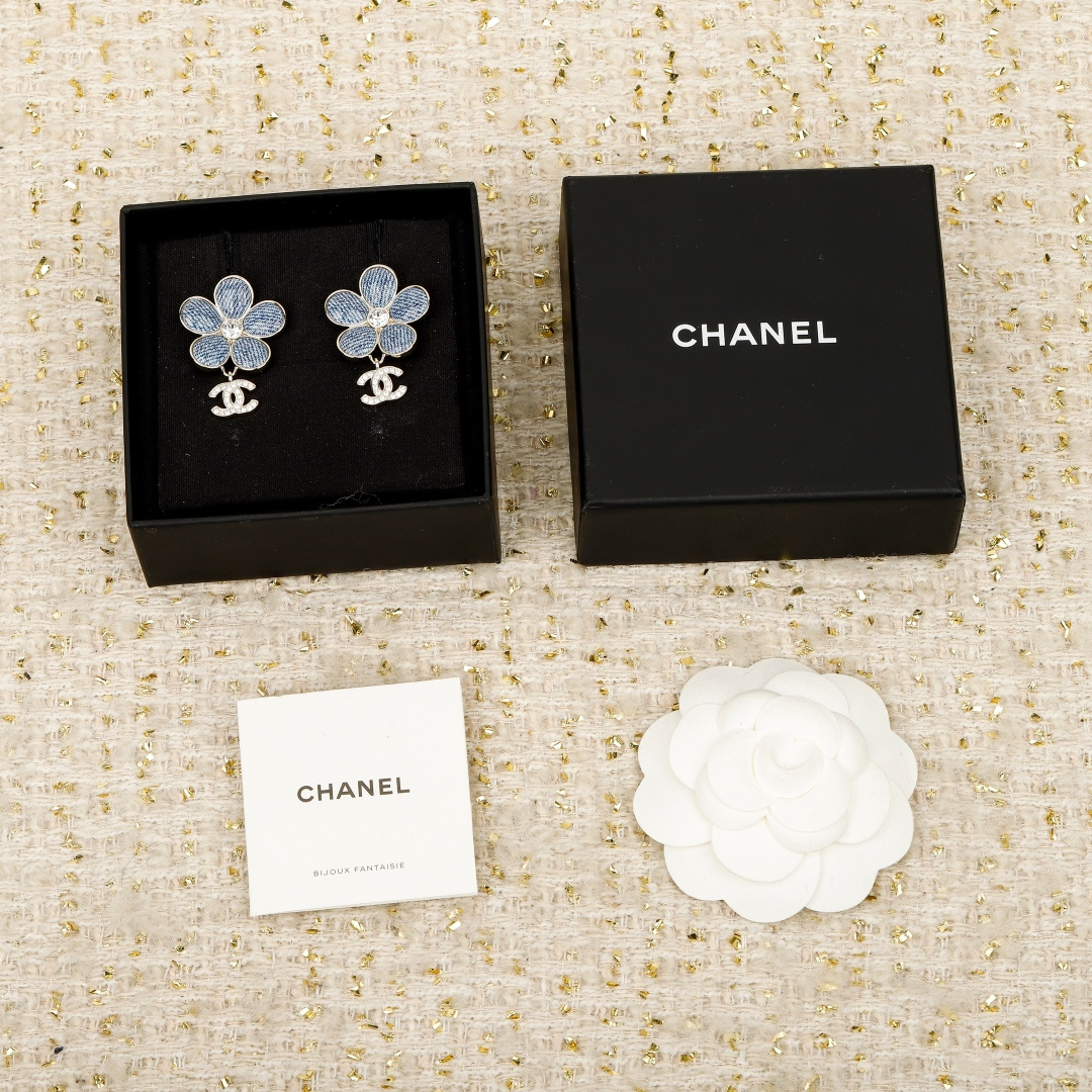 Chanel Imitation Denim Floral Double C Earrings