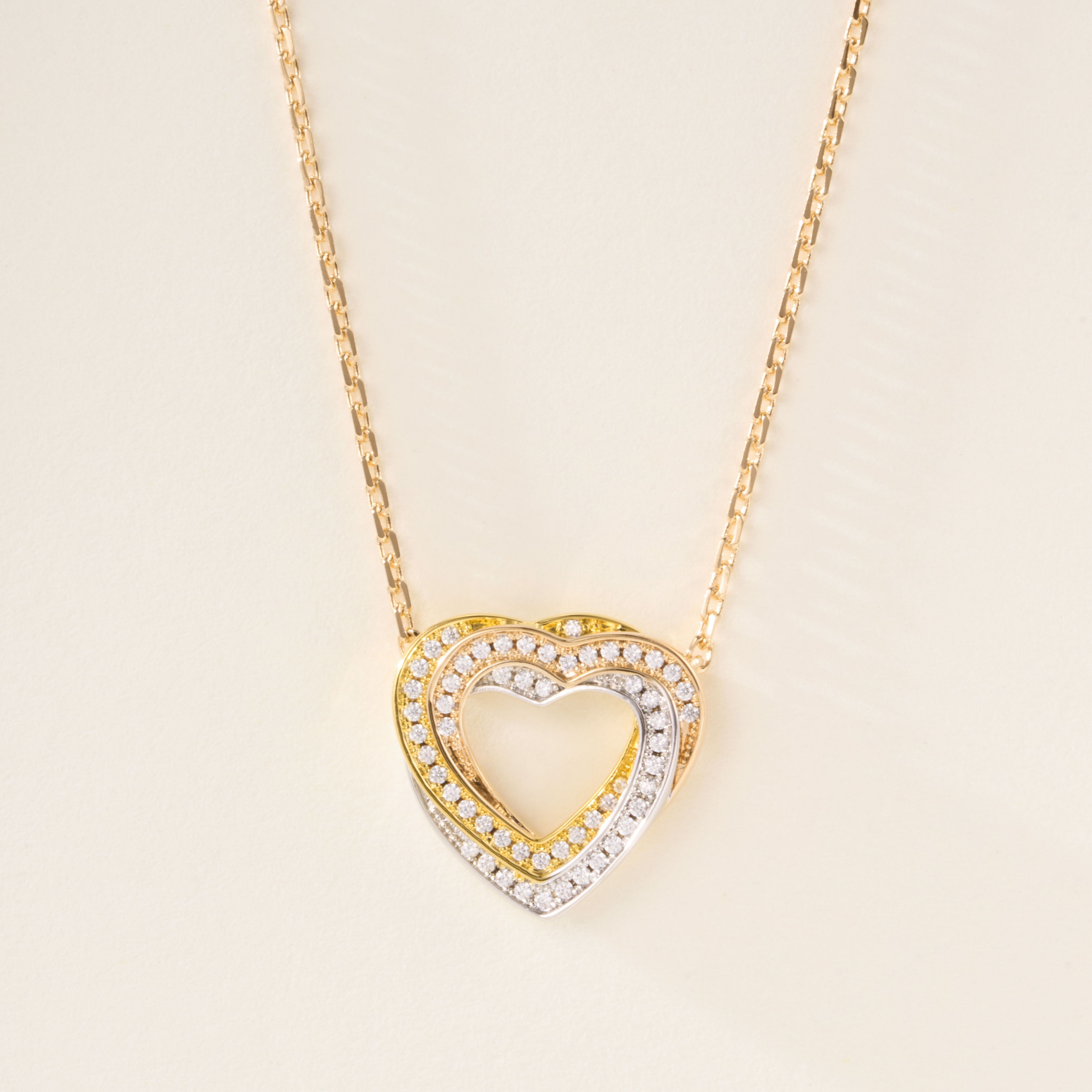 Cartier Trinity Collection Heart Tri-Color Full Diamond Necklace. - SUPER-MIRROR
