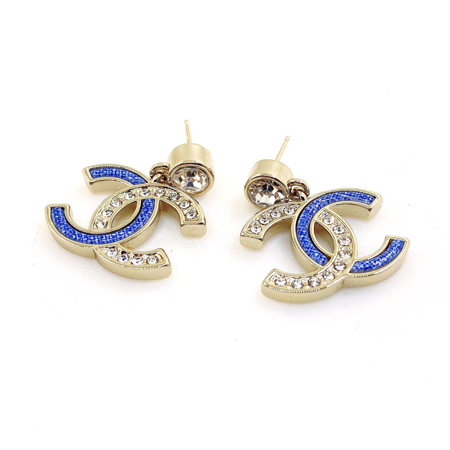 Chanel Blue Round Diamond Double C Collection Earrings.