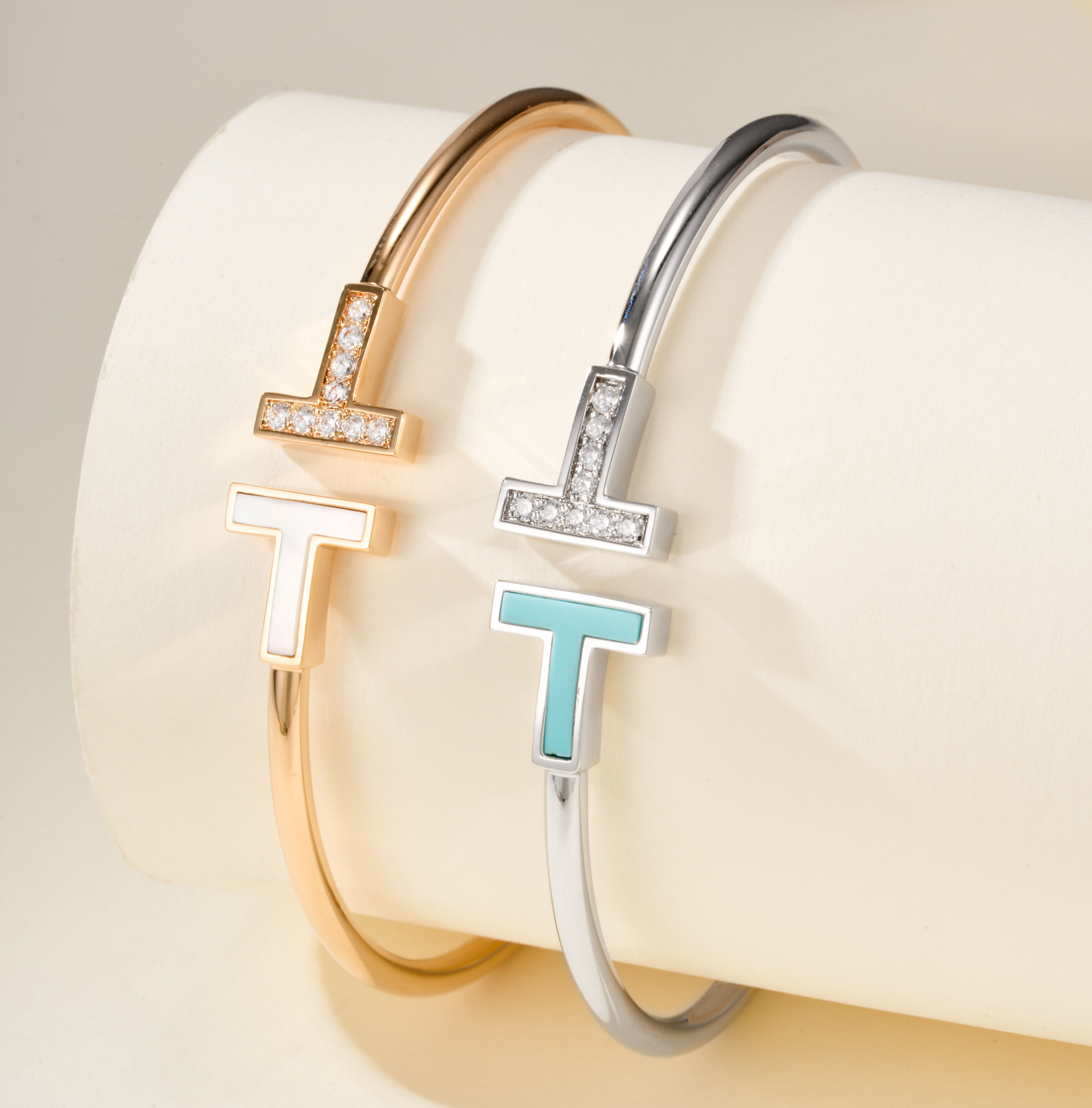 Tiffany Mother-of-Pearl Diamond Double T Bangle - SUPER-MIRROR