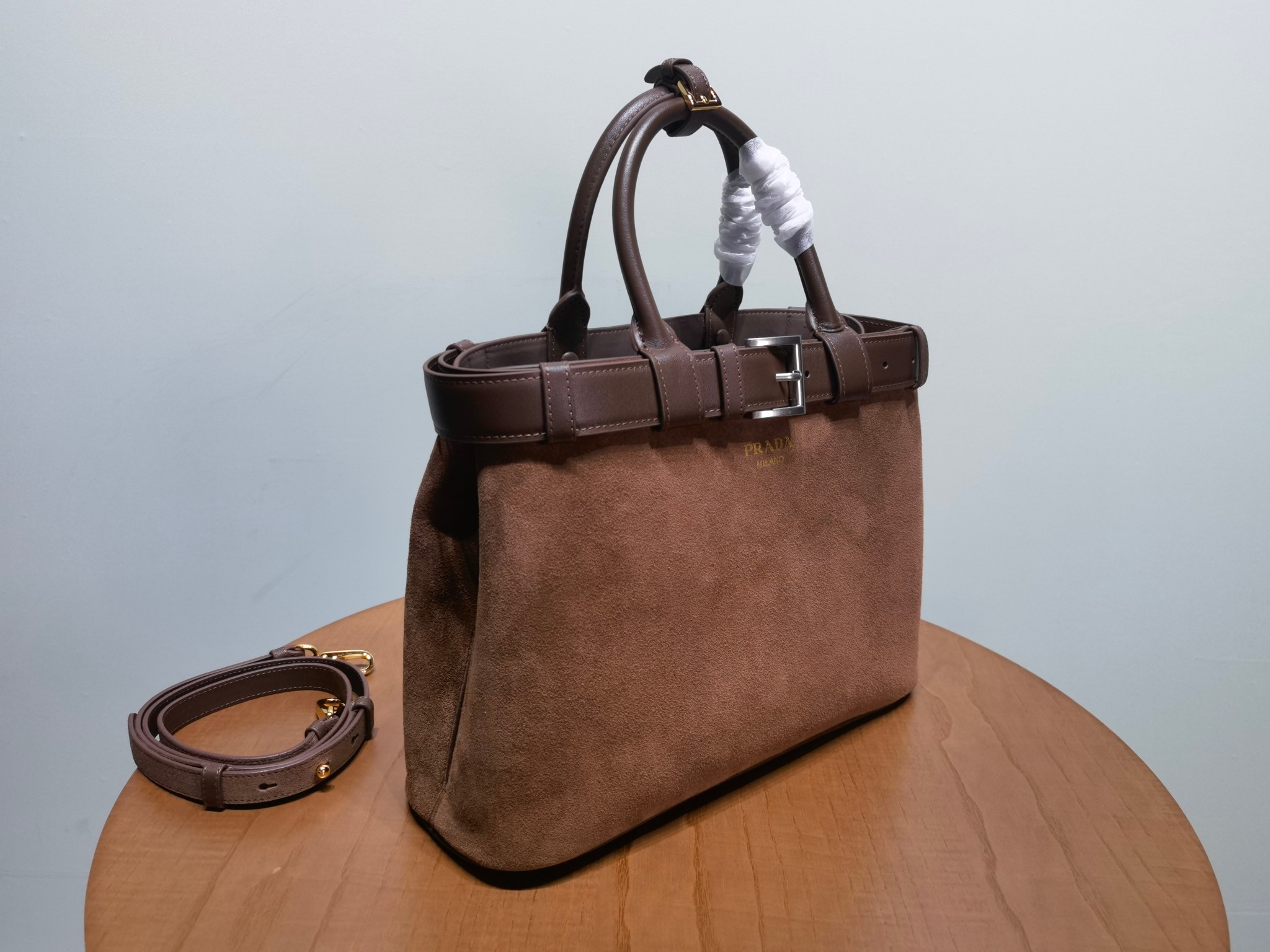 Prada Buckle 1BA417 Medium Suede eather Drawstring Bag - Image 4