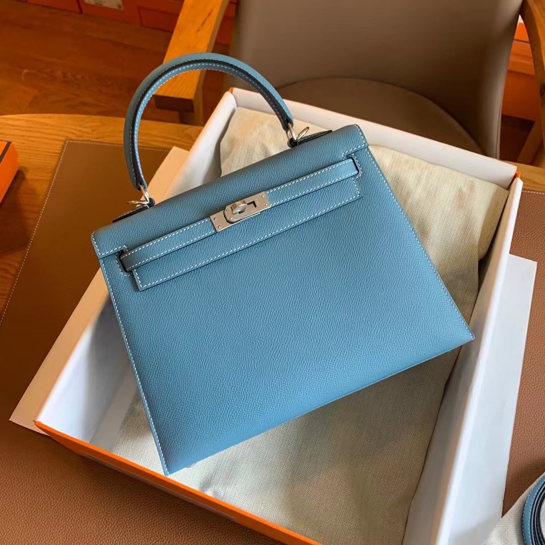 Hermès Kelly Sellier 25 Blue Jean Epsom Palladium Hardware
