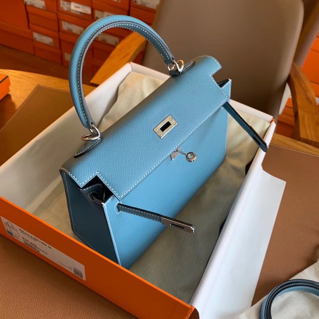Hermès Kelly Sellier 25 Blue Jean Epsom Palladium Hardware - Image 4