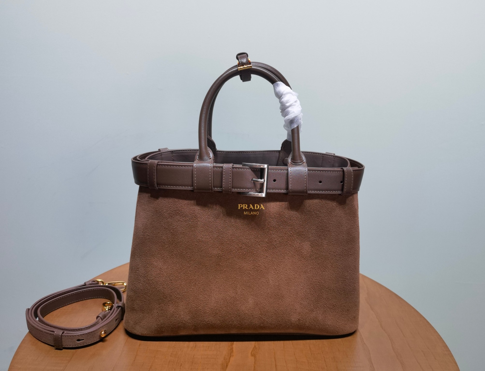 Prada Buckle 1BA417 Medium Suede eather Drawstring Bag - Image 2