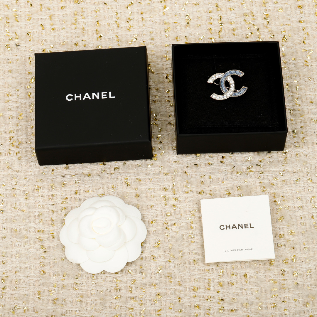 Chanel Blue Denim and Rhinestone Double C Brooches