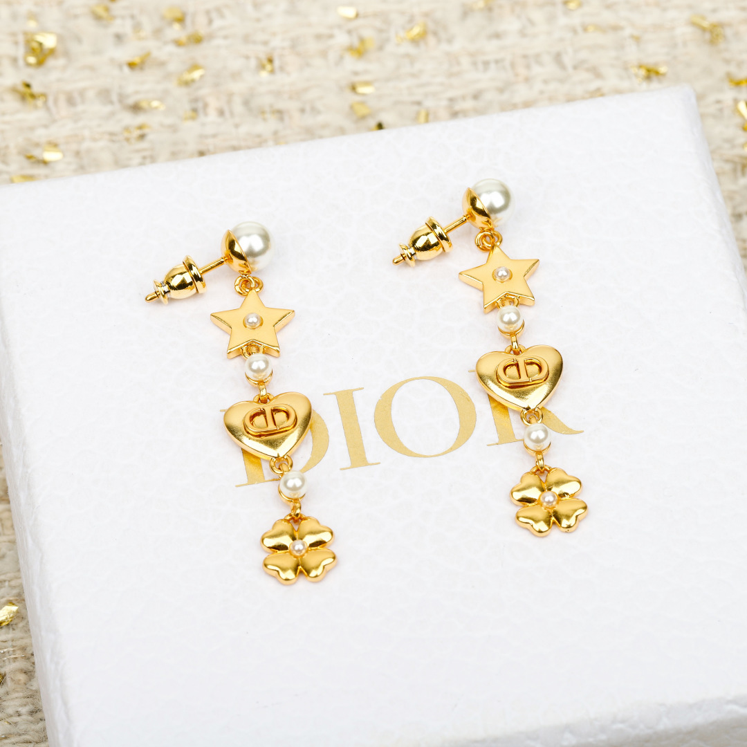 Dior Pearl Star Four-Leaf Clover Heart CD Stud Earrings. - PONI