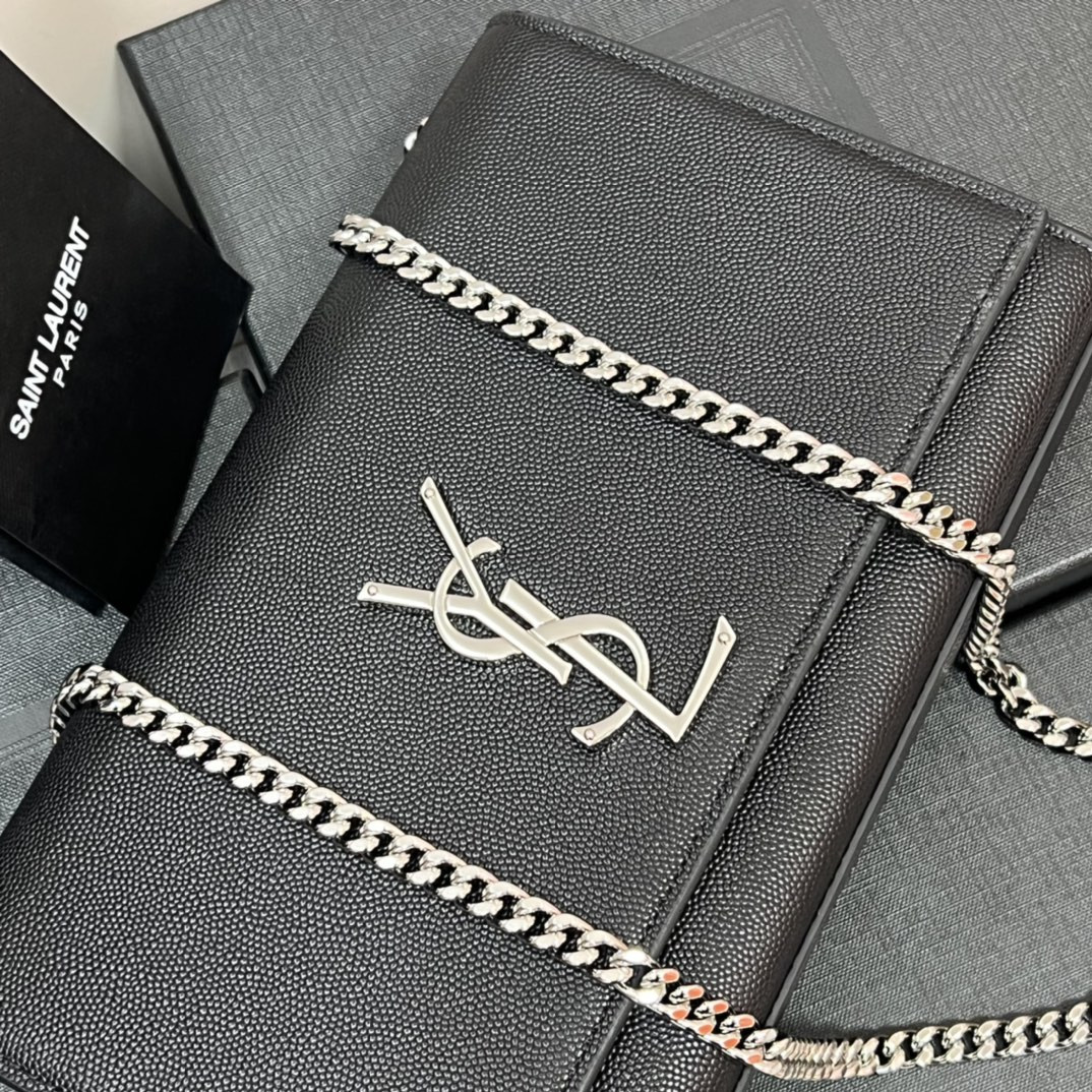 YSL KATE MEDIUM IN GRAIN DE POUDRE EMBOSSED LEATHER BLACK SILVER 9.4 X 5.7 X 2.1 INCHES #2 - Image 9