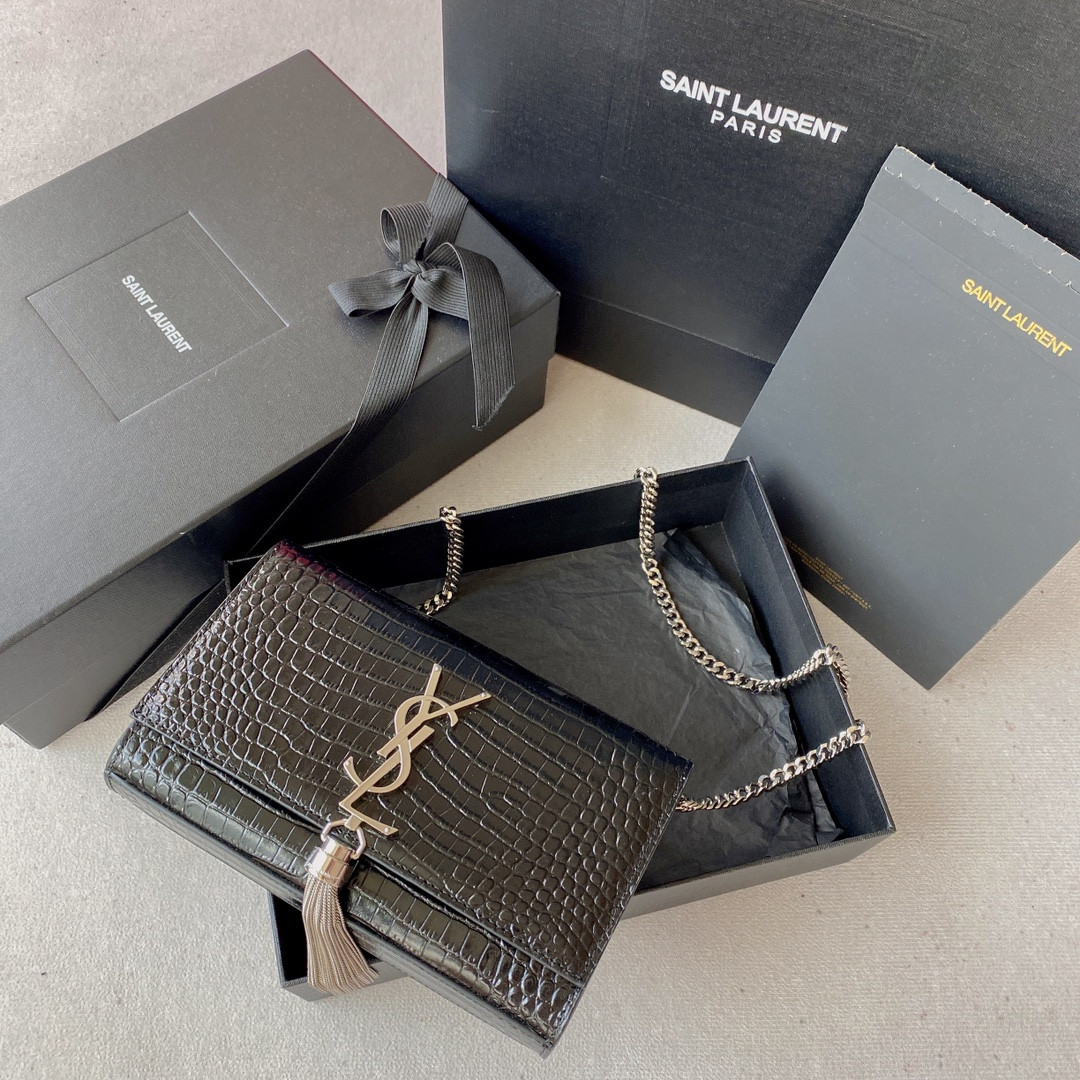YSL KATE MEDIUM IN GRAIN DE POUDRE EMBOSSED LEATHER BLACK SILVER 9.4 X 5.7 X 2.1 INCHES #2